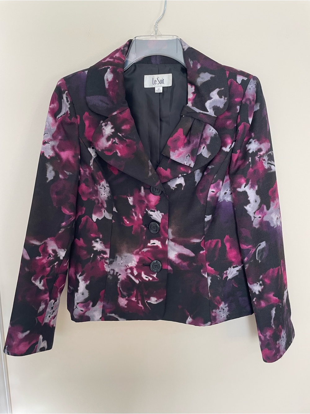 Le Suit Black Blazer with Pink & Purple Floral Pattern Women’s Size 10